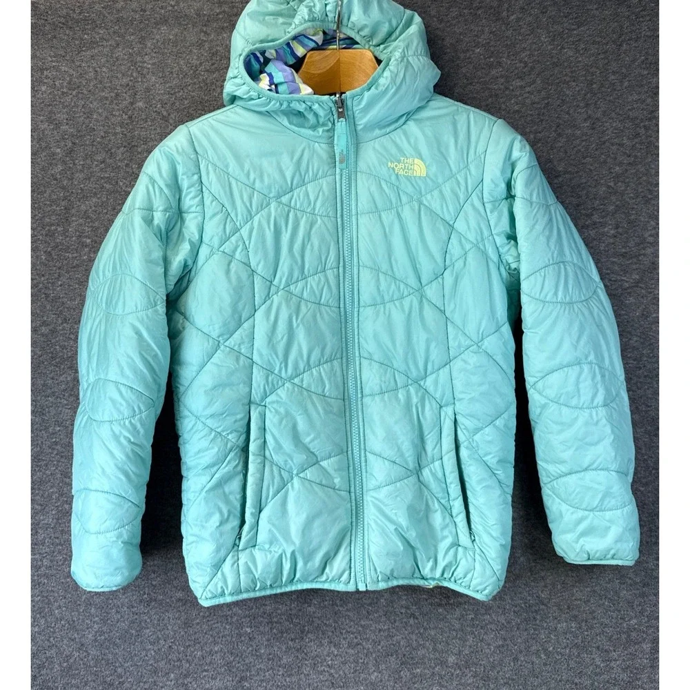 The North Face Reversible Hooded Jacket Girls L 14/16 Teal Or Striped Mossbud